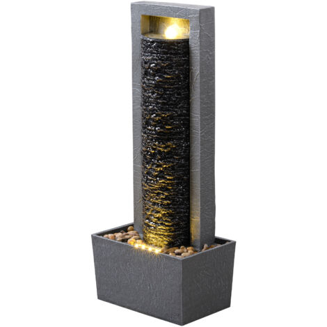 Teamson Home Garden Outdoor Water Feature Tall Waterfall Water Fountain With Warm LED Lights Layered Rock Design Dark Grey