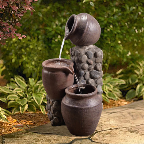 Teamson Home Garden Water Feature, Outdoor 3 Tier Stacked Pots Water Fountain with Pump, Traditional Indoor Cascading Waterfall Ornament, Patio Decor - Grey