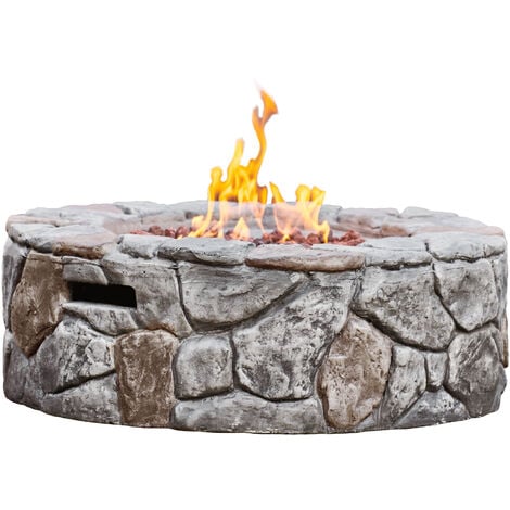 Teamson Home Outdoor Garden Round Propane Gas Fire Pit Table Burner, Smokeless Firepit, Patio Furniture Heater, Stone Effect with Lava Rocks & Cover