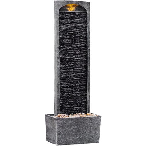 Teamson Home Garden Water Feature, Large Outdoor Straight Water Fountain, Indoor Slate Effect Modern Waterfall Ornament with Lights & Pump, Patio Decor - Stone Grey