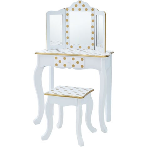 Fantasy Fields Gisele Kids Dressing Table Vanity Table With Mirror & Stool White Gold Polka Dots TD-11670M - White / Gold