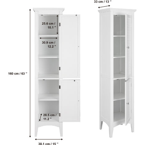 Teamson Home Bathroom Tall Column Cabinet, Wooden Cabinet with 2 Shutter Doors, Bathroom Storage, Bathroom Furniture, White, 38.1 x 33 x 160 (cm)