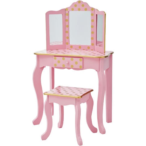 Fantasy Fields Gisele Kids Dressing Tables Vanity Table With Mirror & Stool Pink Rose Gold Polka Dot TD-11670L - Pink / Rose gold