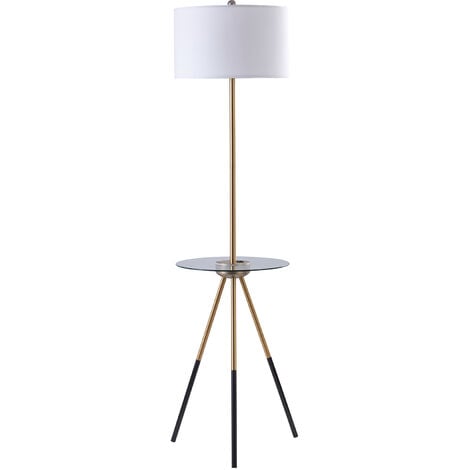 Teamson Home Myra Tripod Floor Lamp with Built-in USB Port & Glass Table, Tall Standing Light with White Drum Shade, Modern Lighting for Living Room - White