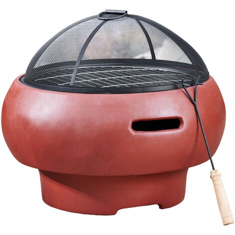 Teamson Home Outdoor Wood Burning Fire Pit, Round Concrete Garden Heater, Log Burner, Includes Lid & Poker - 53 x 53 x 47 (cm) - Red
