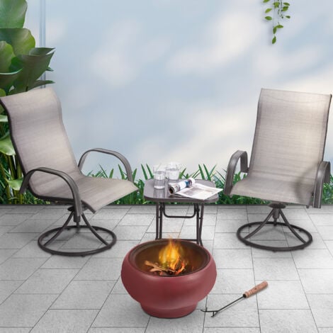 Teamson Home Outdoor Wood Burning Fire Pit, Round Concrete Garden Heater, Log Burner, Includes Lid & Poker - 53 x 53 x 47 (cm) - Red
