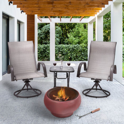 Teamson Home Outdoor Wood Burning Fire Pit, Round Concrete Garden Heater, Log Burner, Includes Lid & Poker - 53 x 53 x 47 (cm) - Red