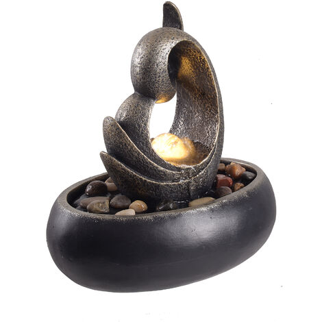 Teamson Home Indoor Tabletop Water Feature, Small Mini Zen Water Fountain Decor, Modern Spherical Desk Waterfall Ornament with Lights & Pump, Grey - Grey/Bronze
