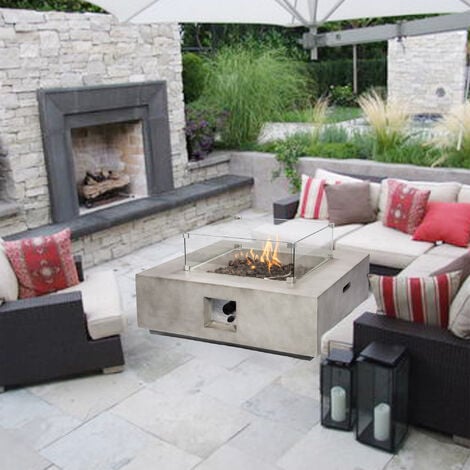 Teamson Home Outdoor Garden Concrete Propane Gas Fire Pit Table Burner, Smokeless Firepit, Patio Furniture Heater with Glass Screen, Lava Rocks, Cover