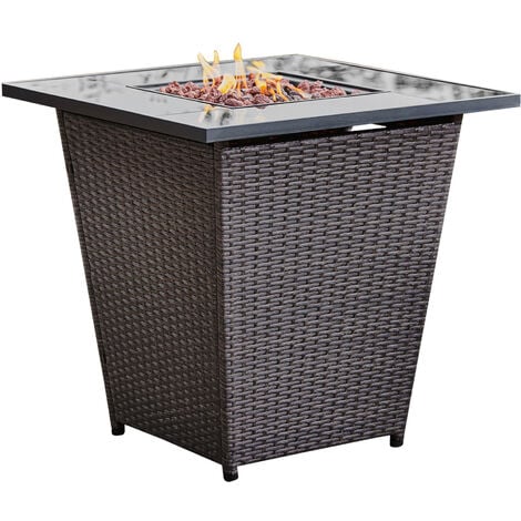 Peaktop by Teamson Home Garden Rattan Propane Gas Fire Pit Table, Patio Furniture, Outdoor Heater Firepit with Lava Rock & Cover - Brown