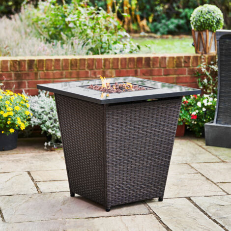 Teamson Home Outdoor Gas Fire Pit Table, Smokeless Firepit, Garden Heater, Includes Lava Rocks & Cover - Rattan Base/Tempered Glass Top - 40,000 BTU - 76 x 76 x 73 (cm)