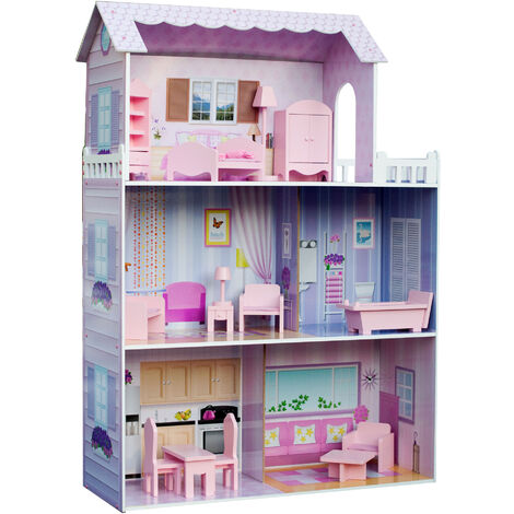 Olivia's Little World Tiffany Large Dreamland Dolls House Wooden Doll House Pink 3.7ft With 13 Doll Accessories KYD-10922A - Pink