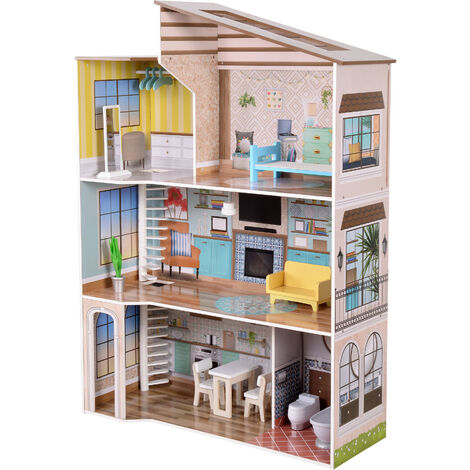 Olivia's Little World Large Dreamland Mediterranean Contemporary Kids Interactive Wooden Dolls House 3 Floors with 17 Doll Furniture Accessories Multi TD-13551B - Multi