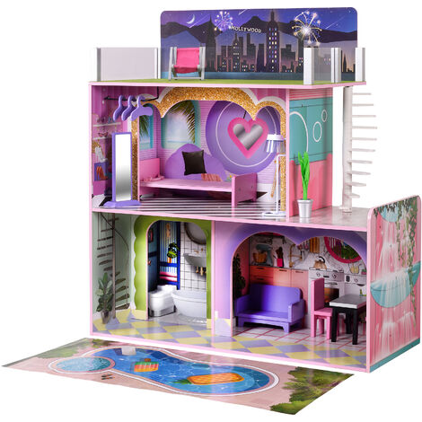 Olivia's Little World Large Dreamland Sunset Contemporary Kids Interactive Wooden Dolls House 3 Floors with 16 Doll Furniture Accessories Multi TD-13616A - Multi-colour