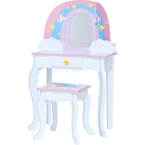 Fantasy Fields by Teamson Kids Little Dreamer Rainbow Unicorn Vanity Set Dressing Table with Mirror, Built-In Storage, and Chair Stool for Children, White, TD-13543F - White