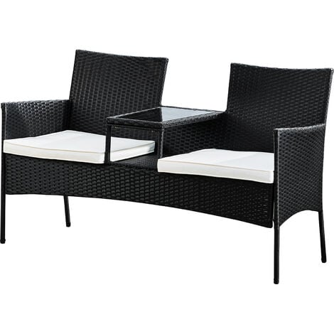 Teamson Home Outdoor Patio Garden Furniture, Rattan Wicker Loveseat Bench with 2 Cushioned Seats and Built-In Centre Glass Table and Shelf, Black