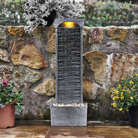 Teamson Home Garden Water Feature, Large Outdoor Curved Water Fountain, Indoor Slate Effect Modern Waterfall Ornament with Lights & Pump, Patio Decor - Stone Grey