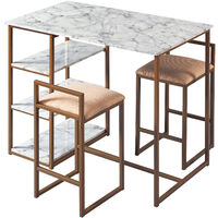 Teamson Home Marmo 3 Pieces Breakfast Dining Set, Bar Table & 2 Padded Stool Chairs with Storage, Faux White Marble Tabletop & Gold-Brass Finish Legs