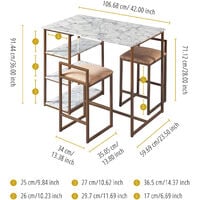 Teamson Home Marmo 3 Pieces Breakfast Dining Set, Bar Table & 2 Padded Stool Chairs with Storage, Faux White Marble Tabletop & Gold-Brass Finish Legs - Brass Finish / Faux Marble Shelf