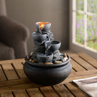 Teamson Home Indoor Tabletop Water Feature, 4 Tiered Small , Mini Water Fountain Decor, Modern Cascading Waterfall Ornament with Lights & Pump, Grey - Grey