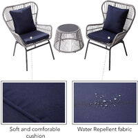 Peaktop Rattan 3-Piece Bistro Patio Furniture Set Table & 2 Chairs Blue & Grey PT-OF0006-UK - White