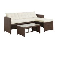 Teamson Home Outdoor Garden Furniture, 3-Piece Rattan Wicker Patio Sectional Sofa Set with Loveseat, Chaise Lounge, Table, and Cushions, Brown/Cream