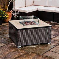 Teamson Home Outdoor Garden Rattan Propane Gas Fire Pit Table Burner, Smokeless Firepit, Patio Furniture Heater with Lid, Screen, Lava Rocks & Cover - Black/ Dark Brown