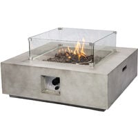 Teamson Home Outdoor Garden Concrete Propane Gas Fire Pit Table Burner, Smokeless Firepit, Patio Furniture Heater with Glass Screen, Lava Rocks, Cover - Light Grey