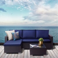 Teamson Home Outdoor Garden Furniture, 3-Piece Rattan Wicker Patio Sectional Sofa Set with Loveseat, Chaise Lounge, Table, and Cushions, Brown/Blue