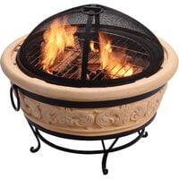 Teamson Home Garden Round Wood Burning Fire Pit, Outdoor Furniture Chimenea, Firepit Heater, Fire Bowl Log Burner with Poker, Grill & Lid, Natural - Sand