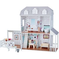 Olivia’s Little World Large Farmhouse Kids Interactive Wooden Dolls House and Stable with 2 Levels and 14 Doll Furniture Accessories for 30cm Dolls - White / Grey