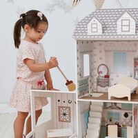 Olivia’s Little World Large Farmhouse Kids Interactive Wooden Dolls House and Stable with 2 Levels and 14 Doll Furniture Accessories for 30cm Dolls - White / Grey