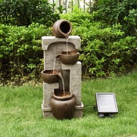 Teamson Home Garden & Outdoor Solar Powered Water Feature with Lights, Cascading Water Fountain, 4 Tier Pot Indoor Waterfall Decor & Battery Back Up - Stone/Bronze