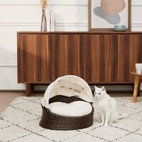Teamson Pets Clotho Indoor Outdoor Rattan Cat or Small Dog Bed Lounger with Retractable Canopy & Removeable Washable Cushion Brown/Cream ST-N10004-UK - Brown