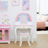 Fantasy Fields by Teamson Kids Little Dreamer Rainbow Unicorn Vanity Set Dressing Table with Mirror, Built-In Storage, and Chair Stool for Children, White, TD-13543F - White