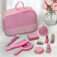 Teamson Kids Chloe Wooden Travel Vanity Set Makeup Kit Pretend Play Cosmetics with Bag & 9 Accessories Fashion Polka Dot Print Pink TK-W00010 - Pink