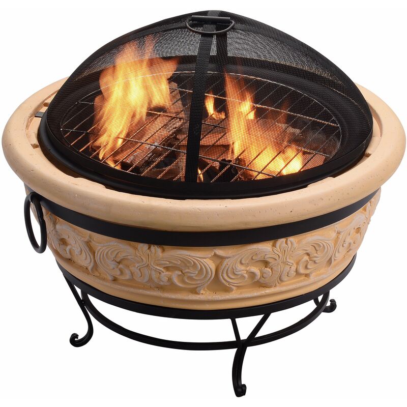 Teamson Home Brasero de leña hoguera al aire libre meubles exterior chimenea calentador quemador con atizador parrilla y tapa natural fogón peaktop circular 68 cm diseño intrincado hr26303aas