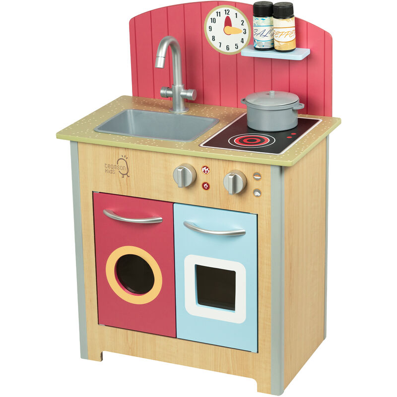 Teamson Kids Little Chef Porto Classic Juego de cocina de madera pequeño con funciones interactivas y 4 accesorios de cocina de juego de simulación Rojo / Natural TD-13595A