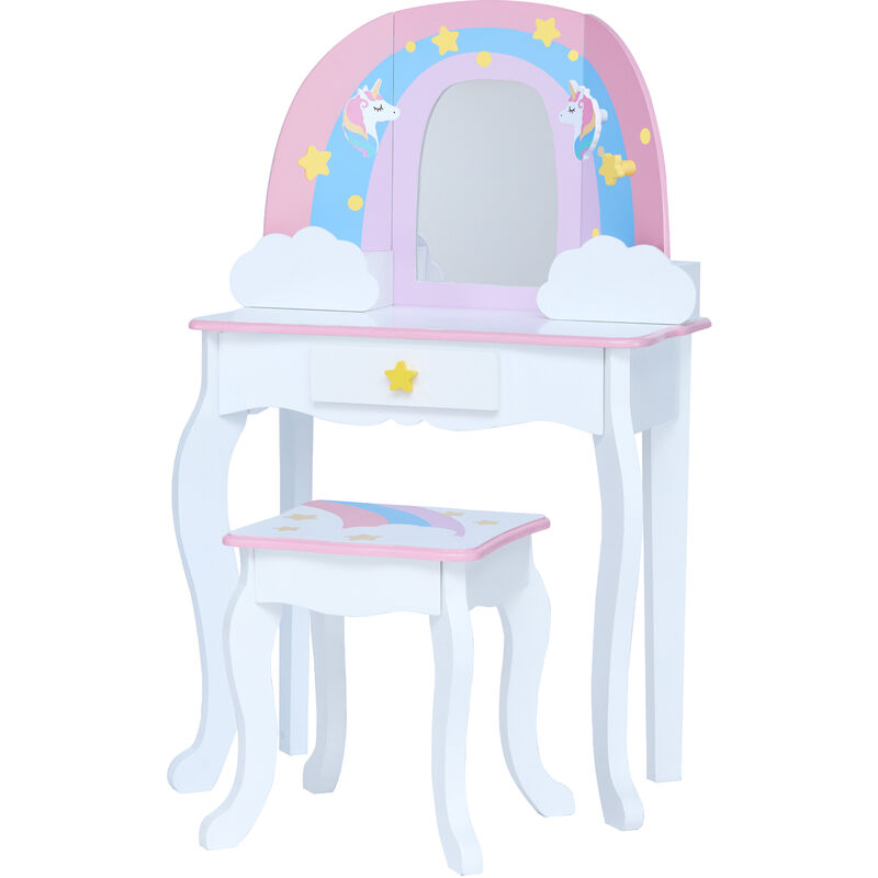 Fantasy Fields de Teamson Kids Little Dreamer Rainbow Unicorn Vanity Set Tocador con espejo, almacenamiento integrado y taburete para niños, blanco, TD-13543F