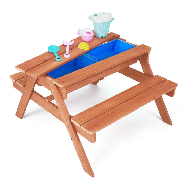 Teamson Kids 2 en 1 Arenero con Tapa para Jardín y Mesa de Picnic de Madera, Caja de Arena y Agua con 6 Accesorios, Mesa de Actividades para Exterior