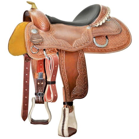 16", Marron foncé: Selle de reining modèle papillon de Pool en cuir graissé, avec harnais en cuir brut et siège en cuir vannerie 2040