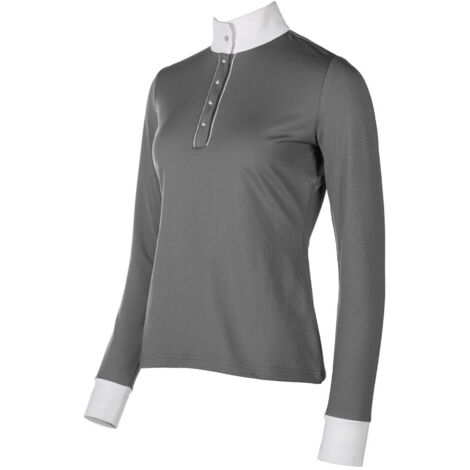 XXL, bianco: T-shirt d'équitation à manches longues modèle Emilia avec bouton en nacre