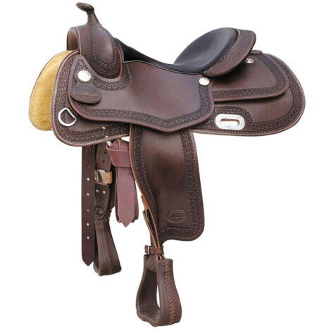16", Cognac: Selle Rainbow Reining en cuir harnais avec traitement d'impression en bordure