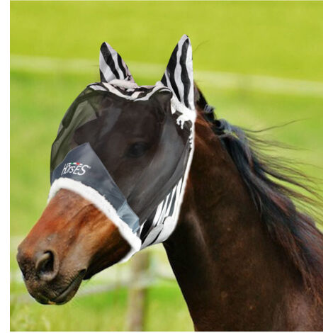 Pony, Zèbre: Masque anti-mouches en maille avec couvre-oreilles à impression zébrée, modèle Fly Shield