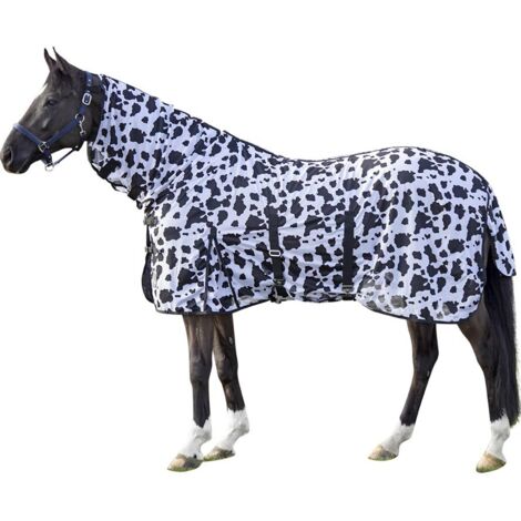 145 cm, Noir et blanc 9112: Couverture anti-mouches Modèle vache avec col long réglable et fermetures frontales
