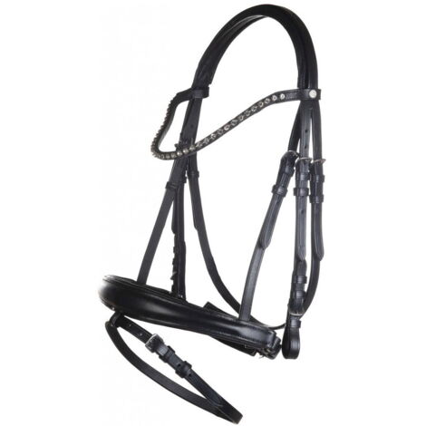 Pony, Noir 9100: Bridon en cuir avec frontal et muserolle rembourrés Modèle Bella avec rênes en cuir (1/4)