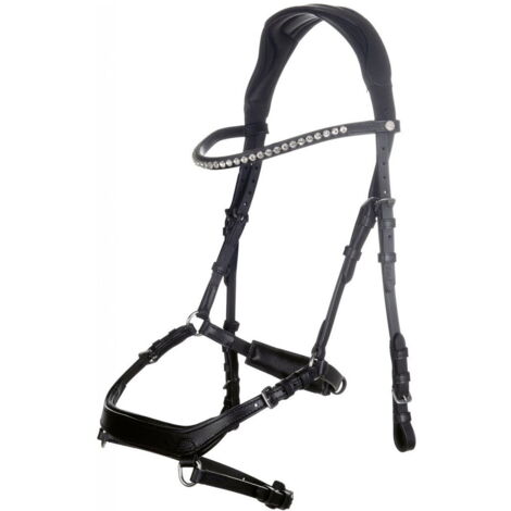 Pony, Noir 9100: Bride en cuir modèle Pro Anatomic avec partie de nuque large complète avec rênes en tissu (1/5)