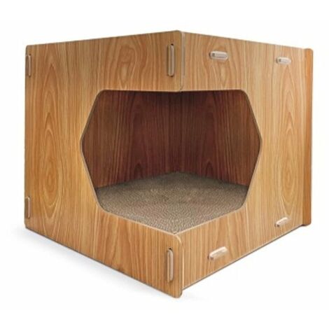 Griffoir d'angle en bois et carton pour chats avec herbe à chat (1/3)