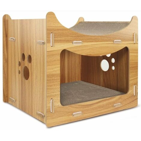 Griffoir Pagode en bois et carton pour chats avec herbe à chat