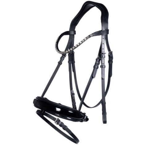 Cob, Noir 9100: Bridon en cuirFleur avec bandeau anatomique et frontal décoré complet avec rênes en tissu (1/4)